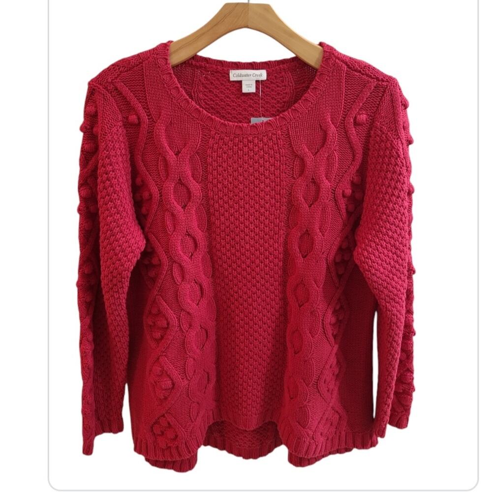 NWT Coldwater Creek Red Fisherman Cable Knit Sweater L Preppy Heritage Cozy